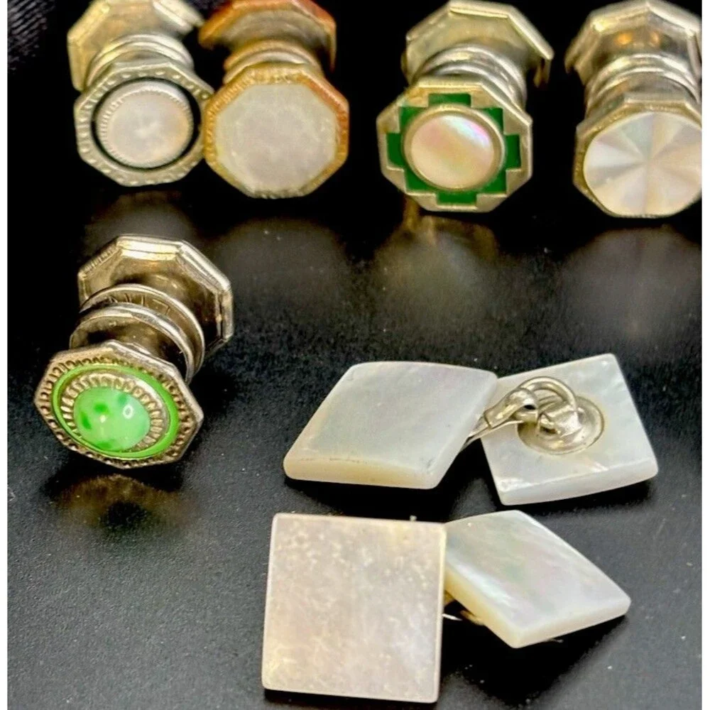 Antique Mixed Lot of Men’s Mother of Pearl & RS Cuff Links-Collar Studs-Buttons